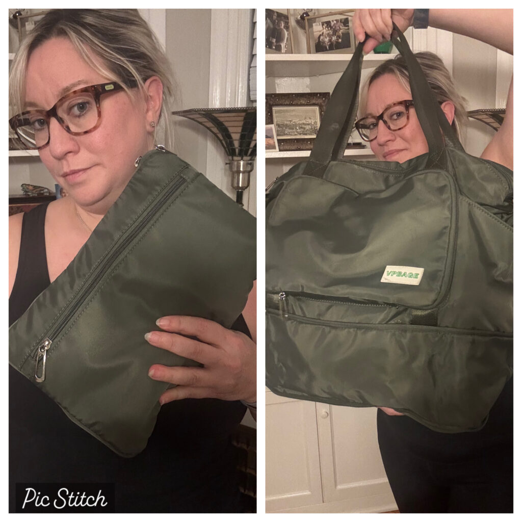 Split image - Ginny holding up the compact bag when folded into its case; Ginny holding up the large bag when fully expanded to show how big it gets.