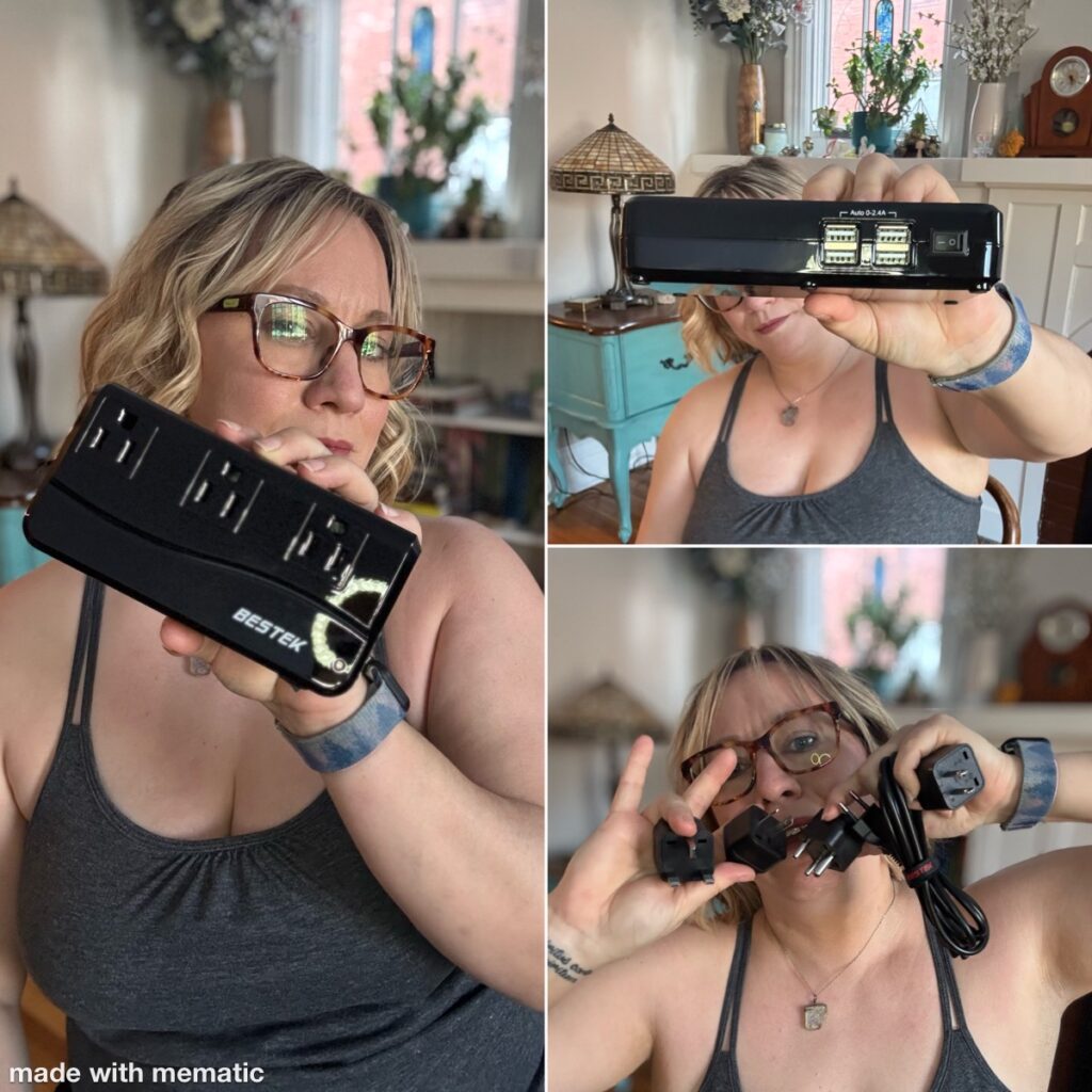 Split into three sections: Ginny shows the top of the block, with three regular outlets; the side with the surge protector switch and 4 USB outlets; and the various international plug adaptors and extension cord.