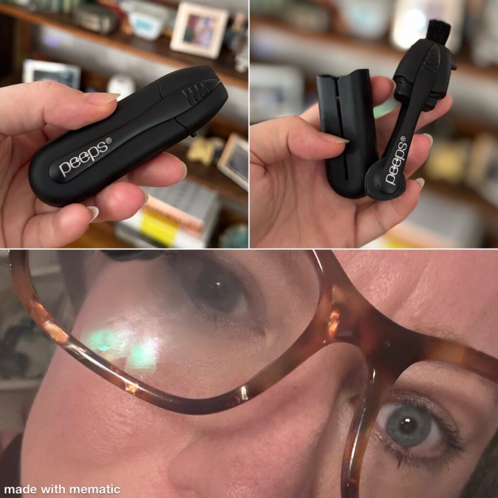 Divided into three images: the Peeps in Ginny's hand; Peeps, with glasses cleaner removed from case and brush extended, in Ginny's hand; close-up of Ginny wearing her glasses, one sense visibly smudgy, the other perfectly clear.