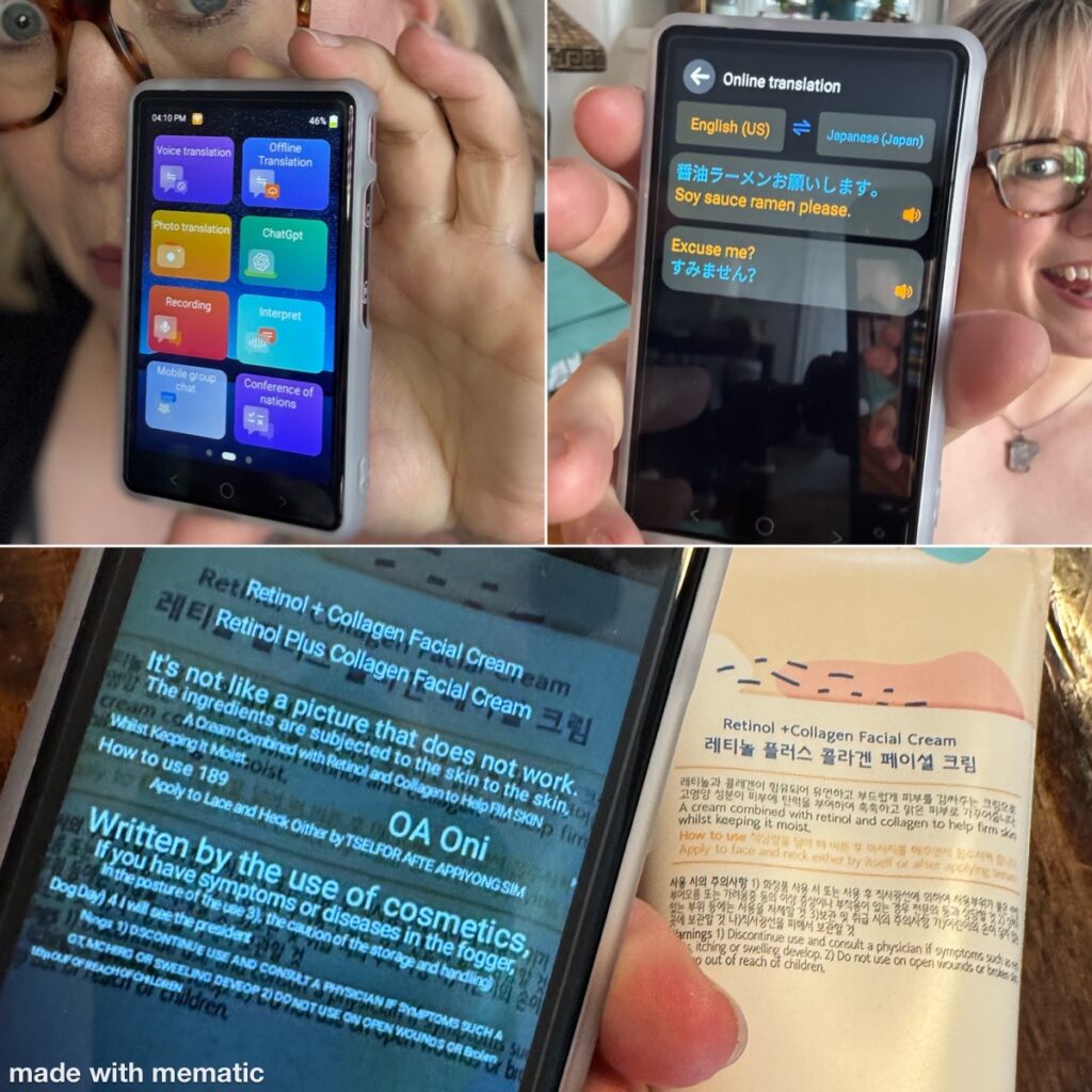 Divided into three pictures: the Home Screen of the translator, the voice translation screen with successful translation of Ginny's Japanese to English, and a text translation of the back of a bottle of Korean skincare.
