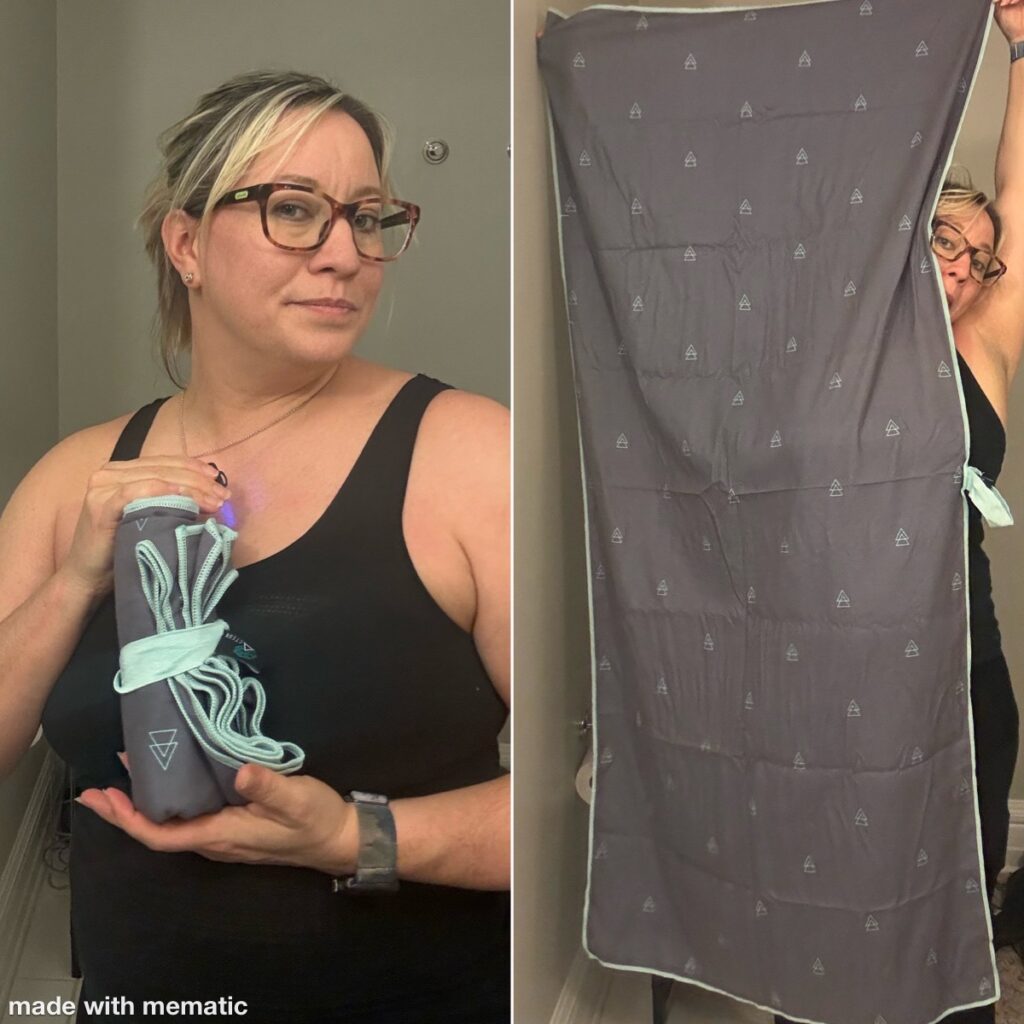 Split frame - Ginny holding up the travel towel when it's folded and rolled up, about the size of a travel umbrella; Ginny holding the towel opened up, taking her full arm length, to show its size.