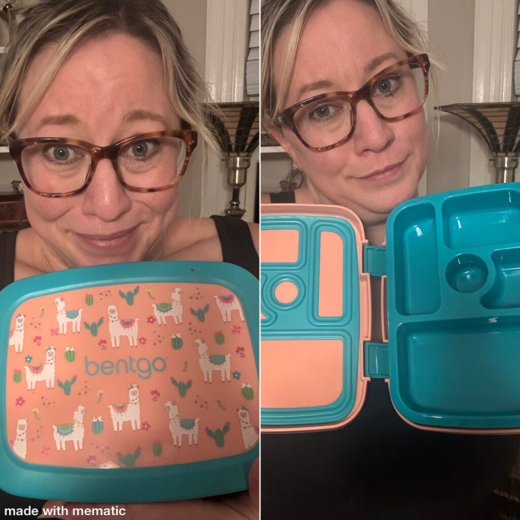Split image of ginny showing off the adorable top of her snack box (peach with turquoise trim, decorated with llamas and cacti), and the five different shapes and sizes of separated compartments within.