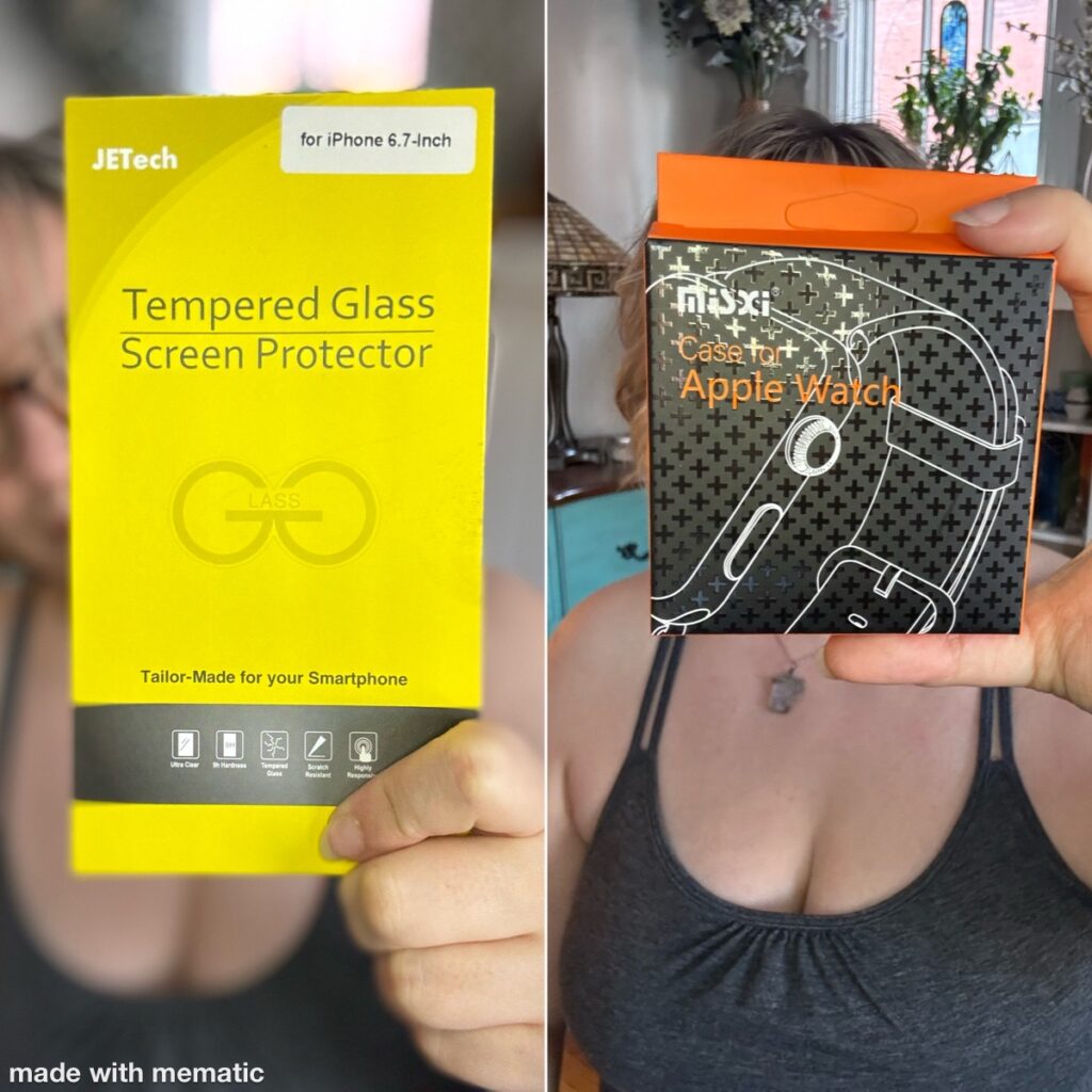 Split photo showing Ginny holding up the two different types of screen protector boxes - a bright yellow iPhone tempered glass model, and an orange and black box for the Apple Watch.