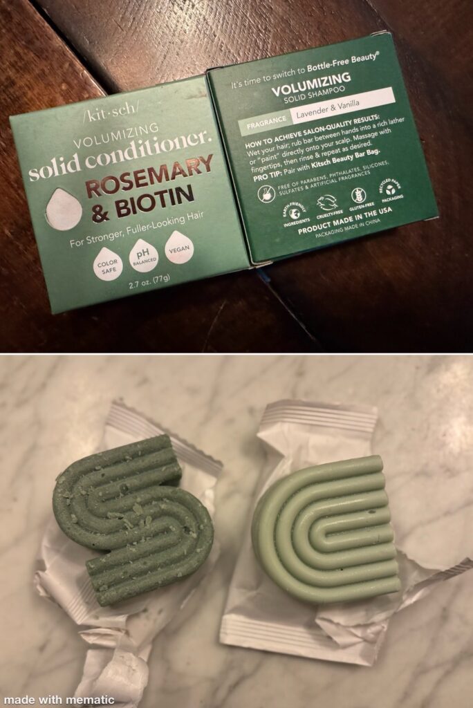 Kitsch solid shampoo and conditioner bars on a bathroom counter – lightweight, eco-friendly travel haircare.