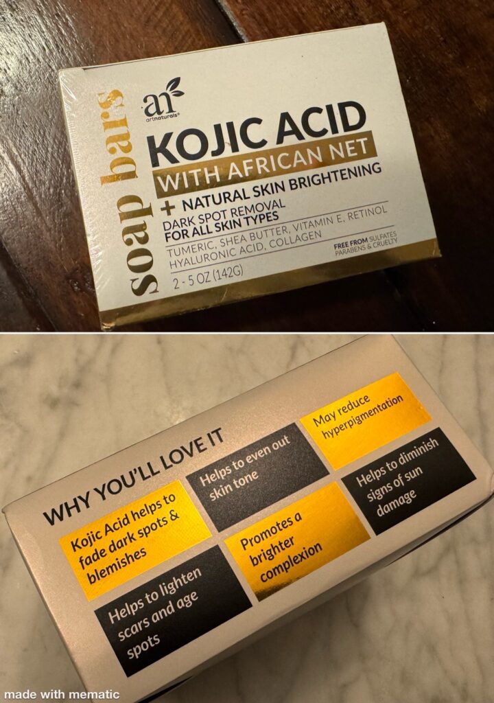Artnaturals Kojic Acid soap bar for face washing – solid skincare packed with vitamin C, retinol, and hyaluronic acid.