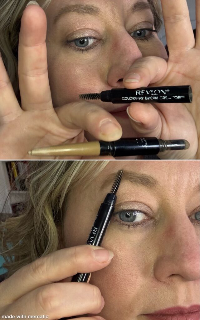 Ginny Dee fills in her brows with the Revlon Colorstay Brow Creator, showing the built-in pencil, powder, and spoolie design.