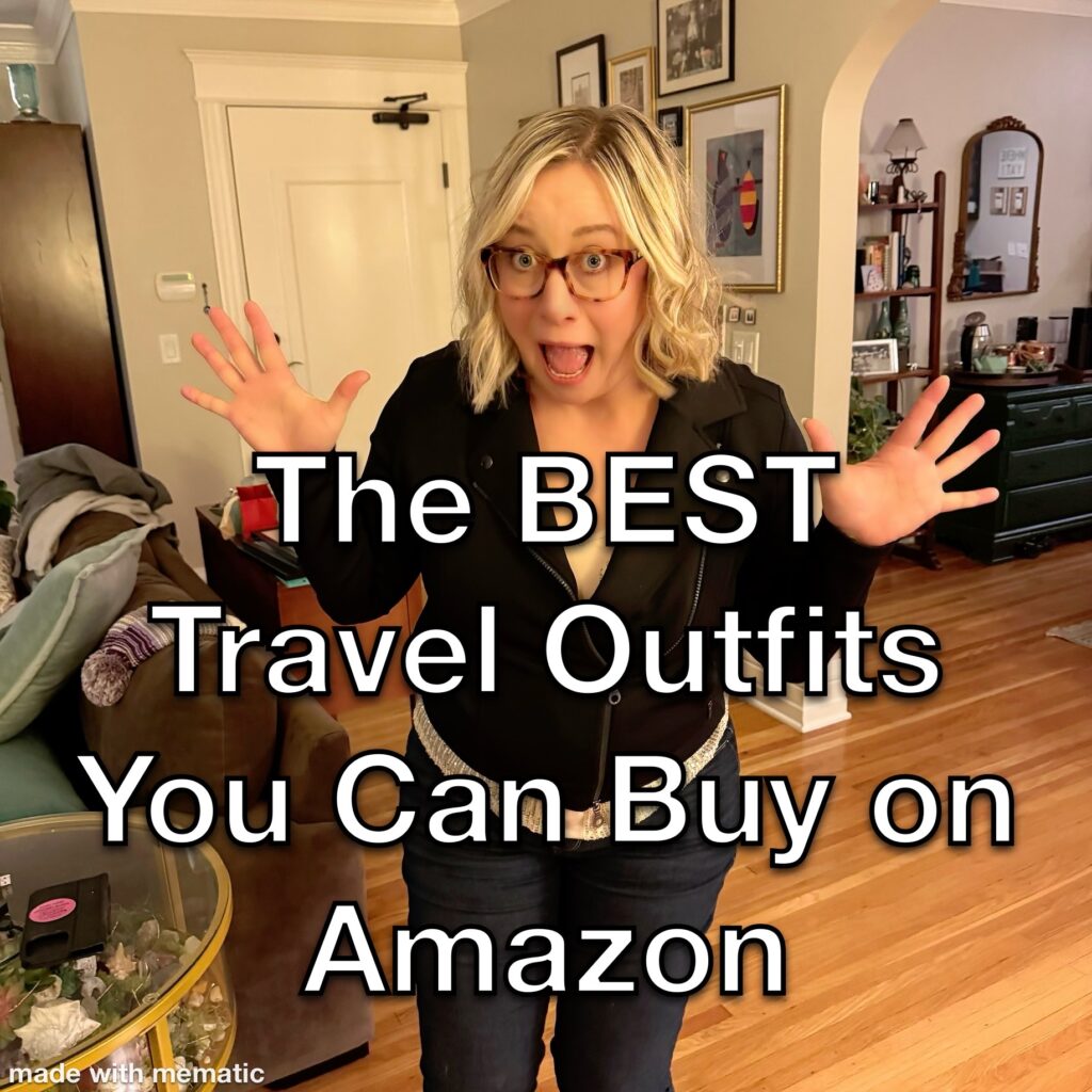 Ginny making an excited Surprise! face with hand up, palms forward, fingers spread, with the page title overlaid (The BEST Travel Outfits You Can Buy on Amazon).