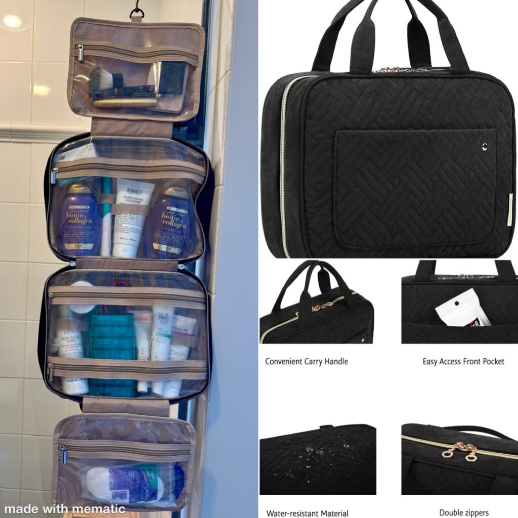 BAGSMART large hanging travel toiletry bag with four compartments, elastic holders, and hook for easy bathroom organization.
