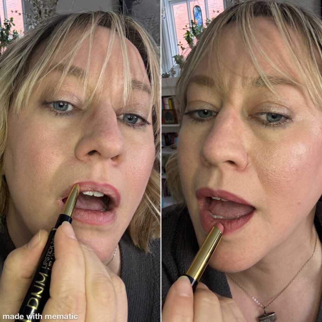 Split frame - Ginny applier bold lip liner in one half, and fills in with the lipstick from the double ended evpct Lip Liner and Lipstick Set.