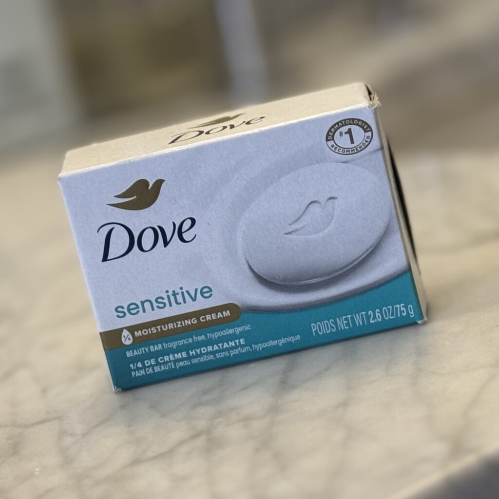 Dove Sensitive Skin bar soap – classic gentle cleanser and reliable travel body wash alternative.