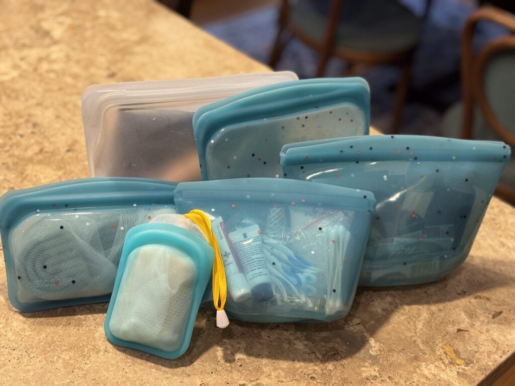 A set of colorful Stasher silicone bags, perfect for toiletries, travel gear, or snacks on the go.