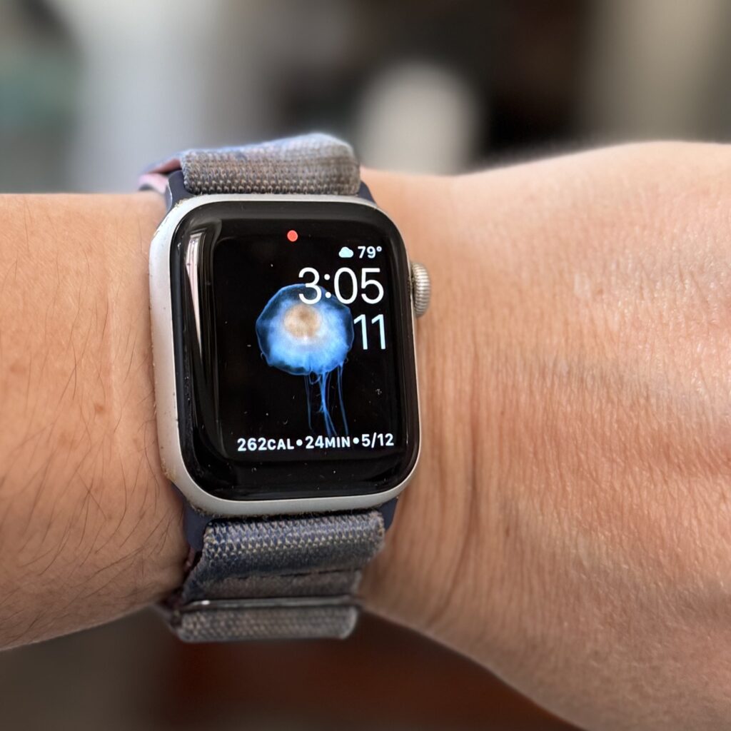 Ginny's wrist with her Apple Watch, showing the time, date, temperature, calories burned, time exercised, and hours of standing for the day, along with a blue jellyfish.