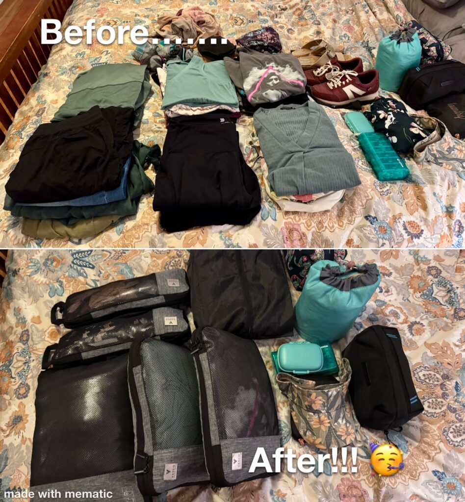 Split Frame. Before: Many piles of clothes and shoes, folded neatly but spread over a large area of the bed. After: Five neatly packed and compressed cubes, plus a shoe bag, and some extras (toiletries, jewelry, pills, electronics)