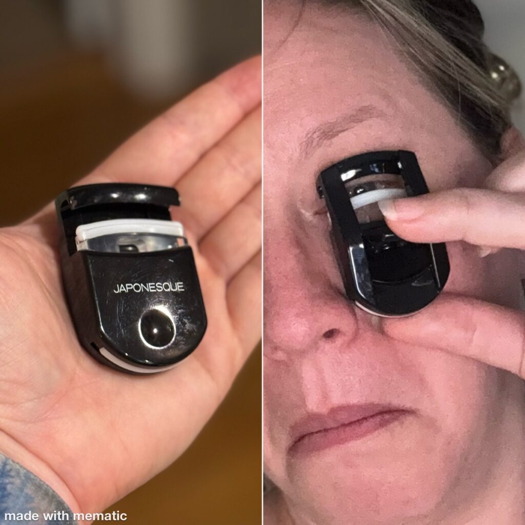 Ginny Dee demonstrates the JAPONESQUE travel eyelash curler, showing how the compact design curls lashes without pinching.