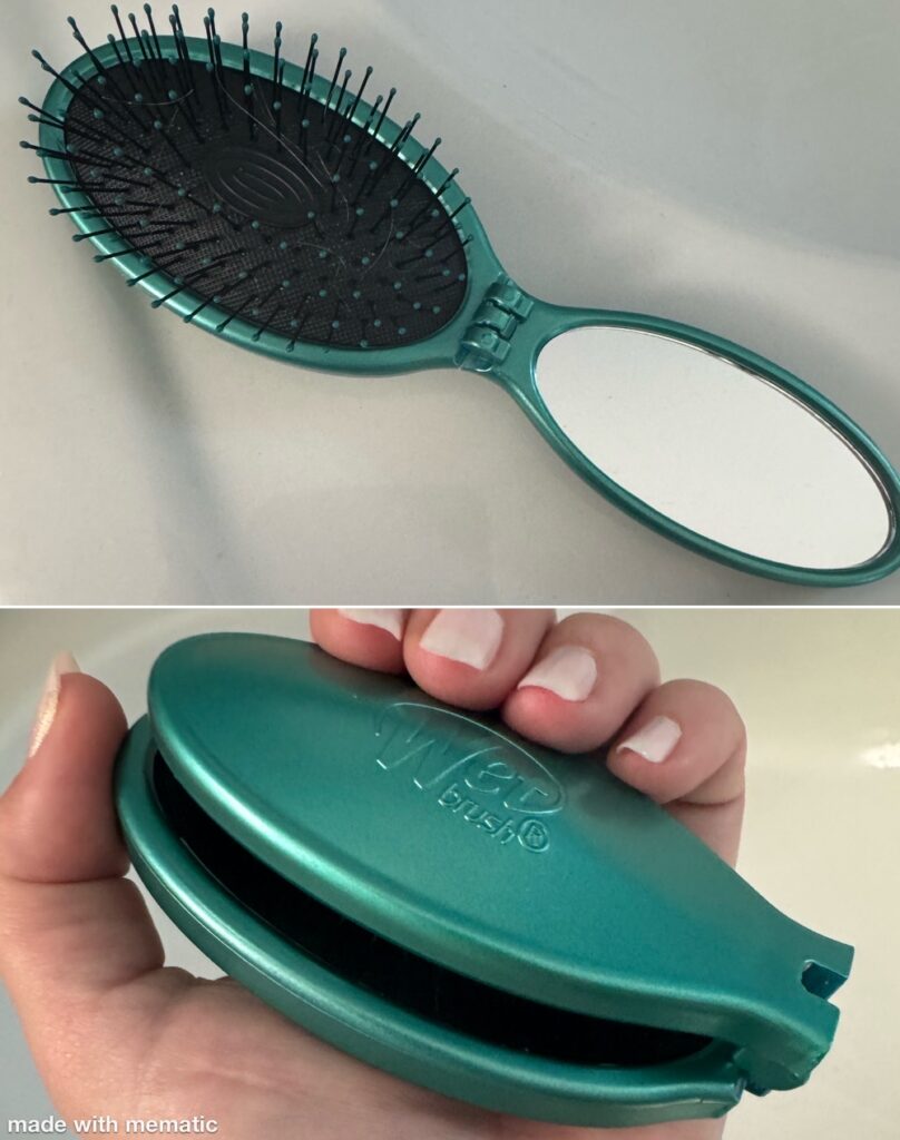 Wet Brush Pop Go Detangler travel hairbrush — compact foldable brush with built-in mirror, perfect for wet or dry hair.