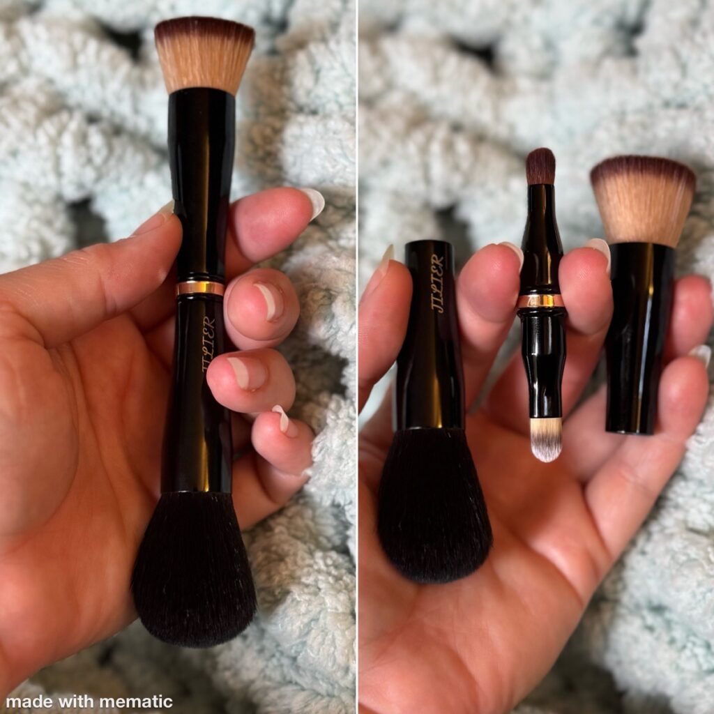 Ginny Dee shows the Jilier 4-in-1 travel makeup brush, with interchangeable brush heads revealed in her hand.