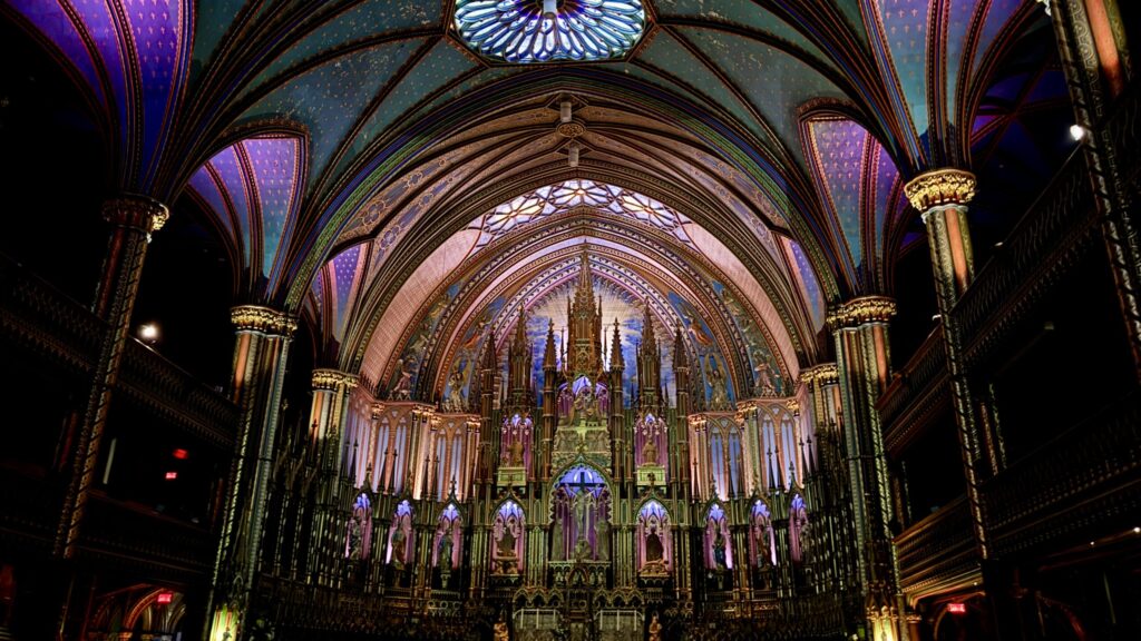 The interior of the Basilique Notre-Dame is lit creatively just before the Aura Basilica event in Montreal.